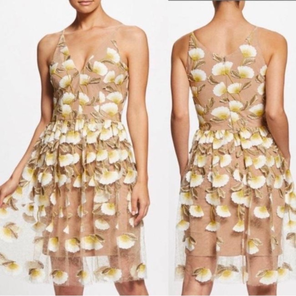 Dress the Population Betsy Sunflower Nude Floral Embroidered Sheer Top Dress L